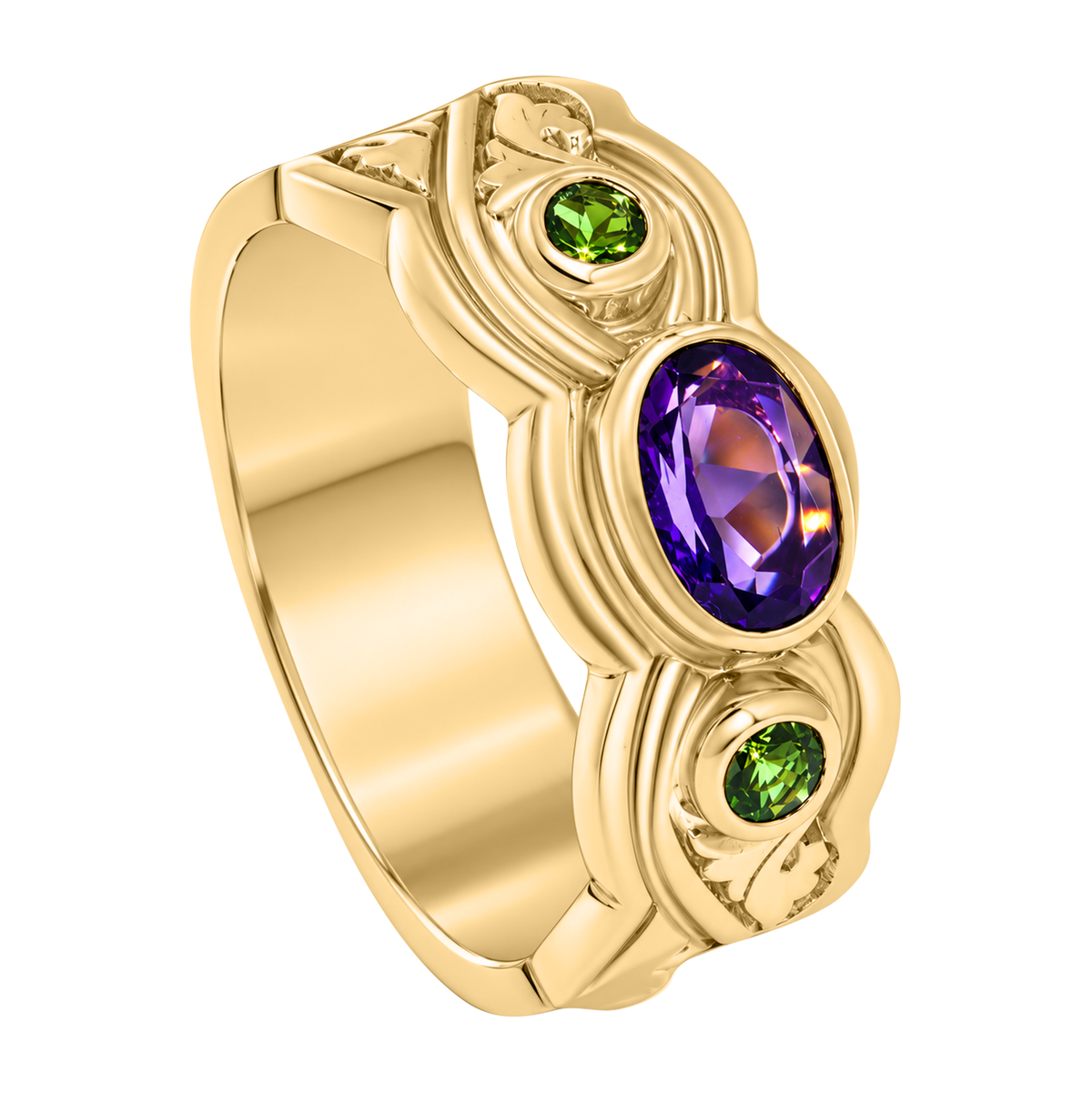 14K Yellow Gold Amethyst & Green Tourmaline Ring