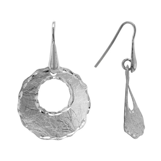 Sterling Silver Rhodium Plated Textured Circle Dangle Earrings