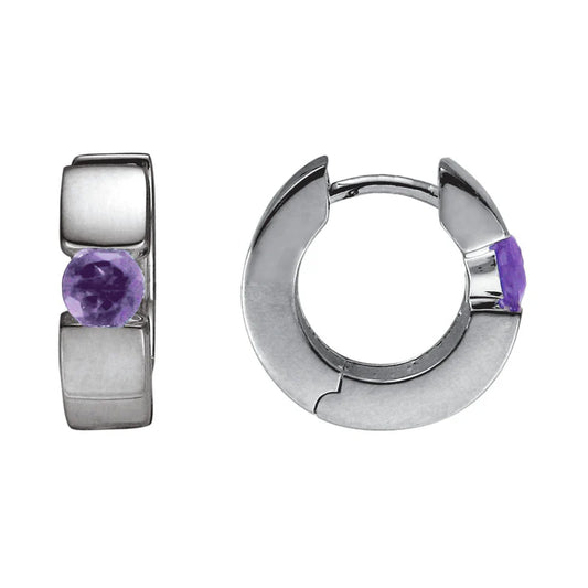Sterling Silver and Rhodium 14.5mm Hinged Amethyst Earrings