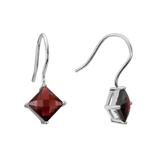 Sterling Silver Rhodium Plated 7mm Checkerboard Cut Garnet Earrings