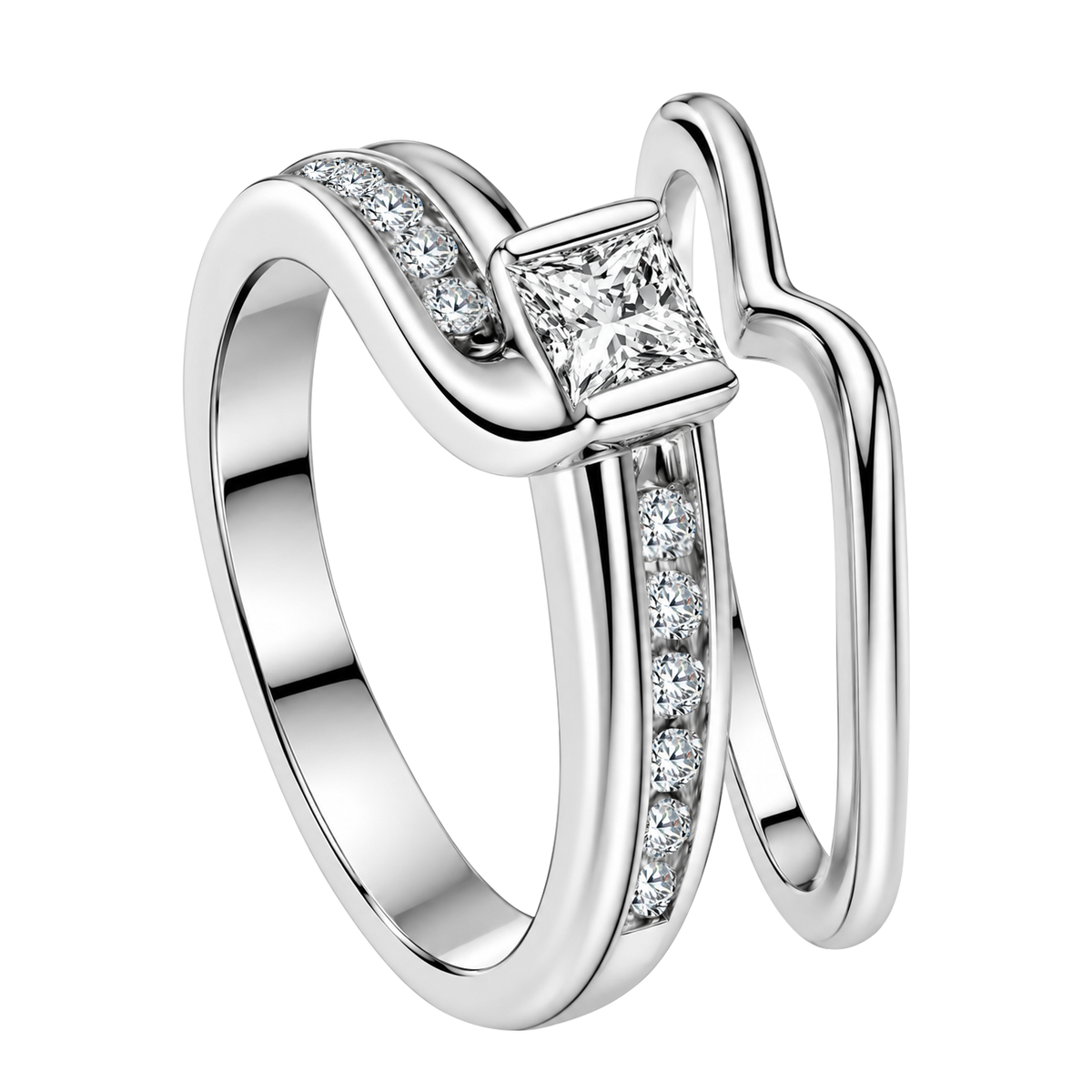 14K White Gold Princess Cut Half Bezel Engagement Ring