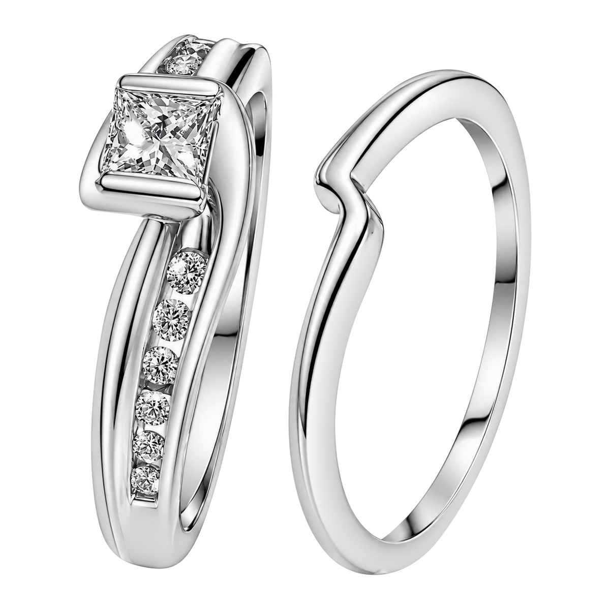 14K White Gold Princess Cut Half Bezel Engagement Ring