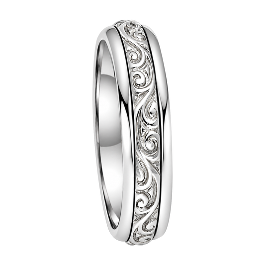 14K Matte White Gold Scroll Men's Wedding Band
