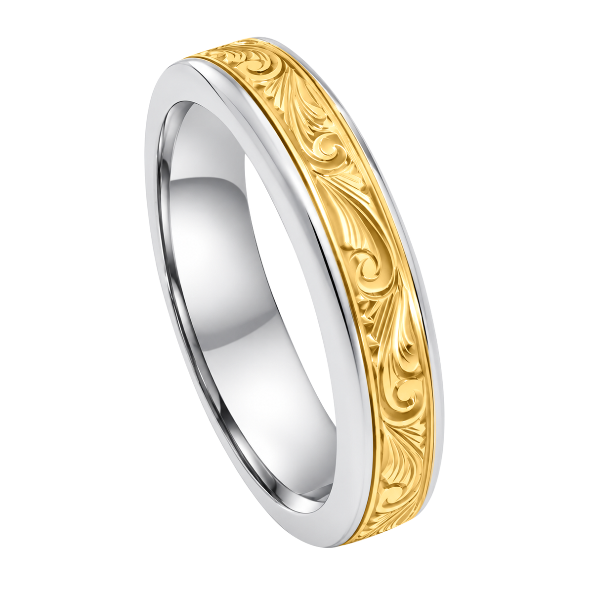18K Yellow Gold Engraved Scroll Men's Wedding Band