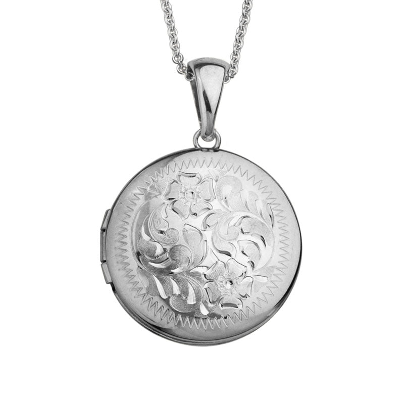 Sterling Silver Rhodium Plated Round Engraved Locket Necklace