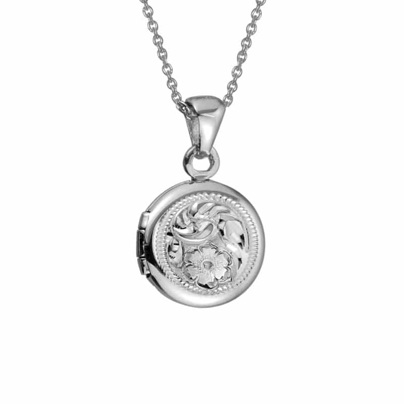 Sterling Silver and Rhodium 10mm Round Engraved Locket and Necklace by The Little Jewel