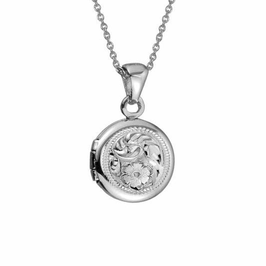 Sterling Silver and Rhodium 10mm Round Engraved Locket and Necklace by The Little Jewel