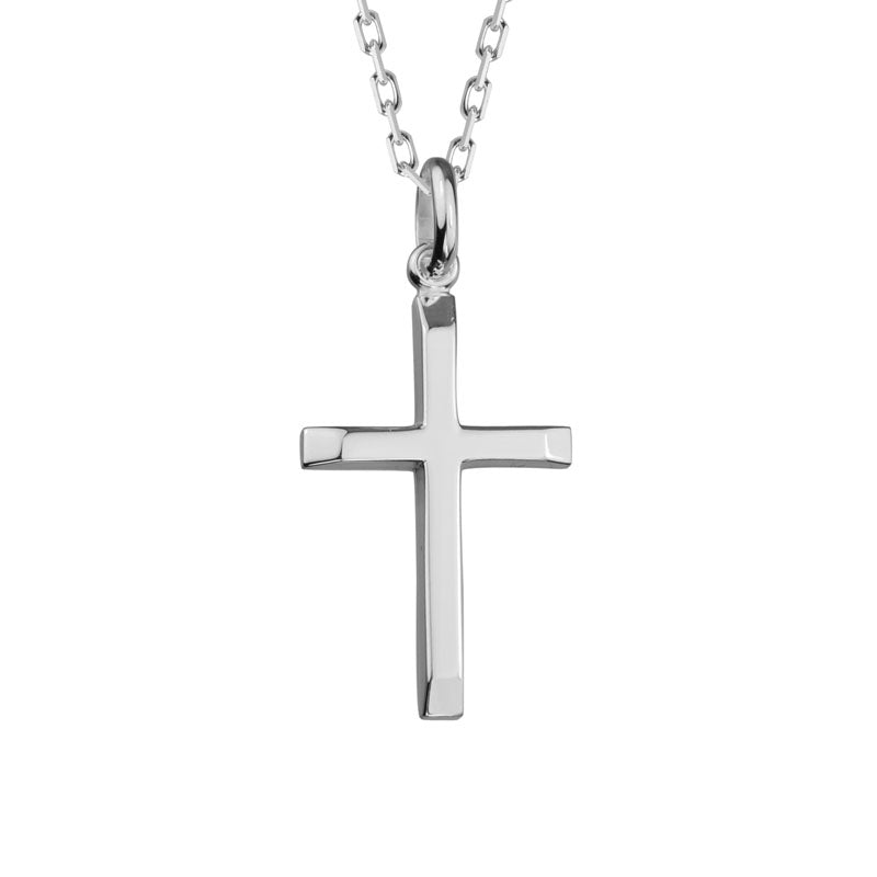 Sterling Silver Rhodium Plated Beveled Edge Cross Necklace