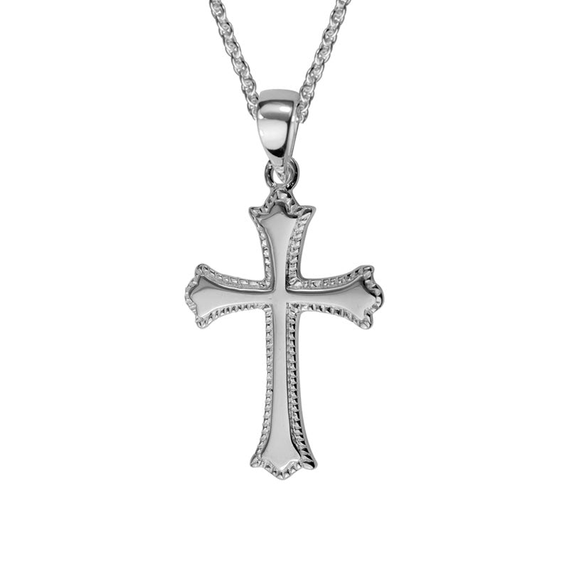 Sterling Silver Rhodium Plated Three Point Edges Cross Necklace