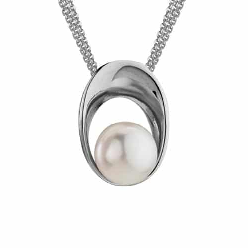 Sterling Silver and Rhodium Freshwater Pearl Oval Pendant with Necklace by The Little Jewel