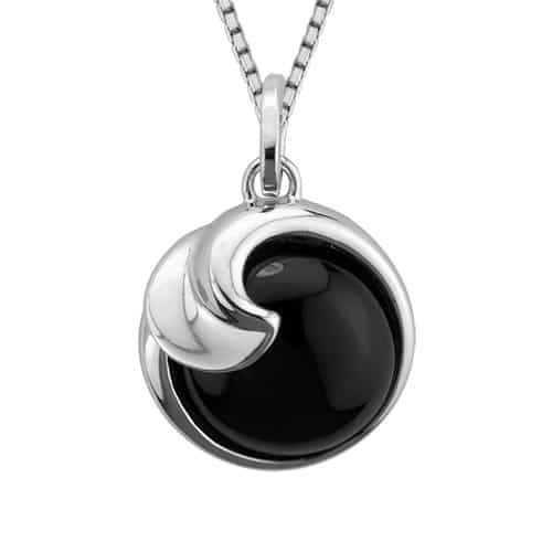 Sterling Silver and Rhodium Round Onyx Wave Pendant and Necklace by The Little Jewel