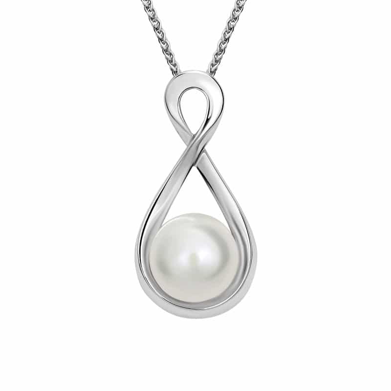 Sterling Silver and Rhodium Infinity Swirl 10mm Pearl Necklace by The Little Jewel