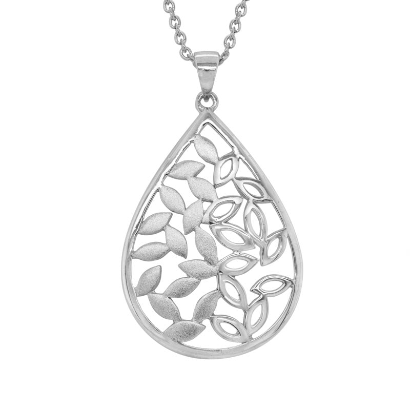 Sterling Silver Rhodium Plated Teardrop Leaf Pendant