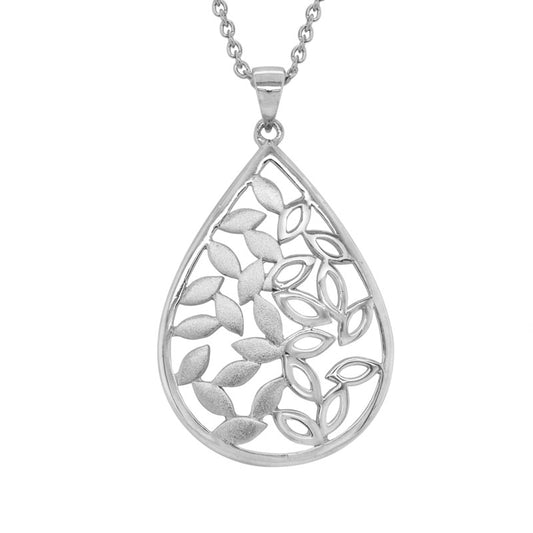 Sterling Silver Rhodium Plated Teardrop Leaf Pendant