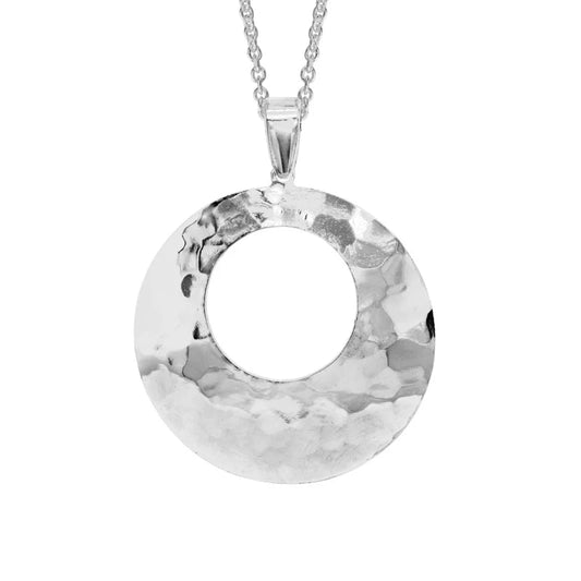 Sterling Silver Rhodium Plated Hammered Open Circle Pendant with Chain
