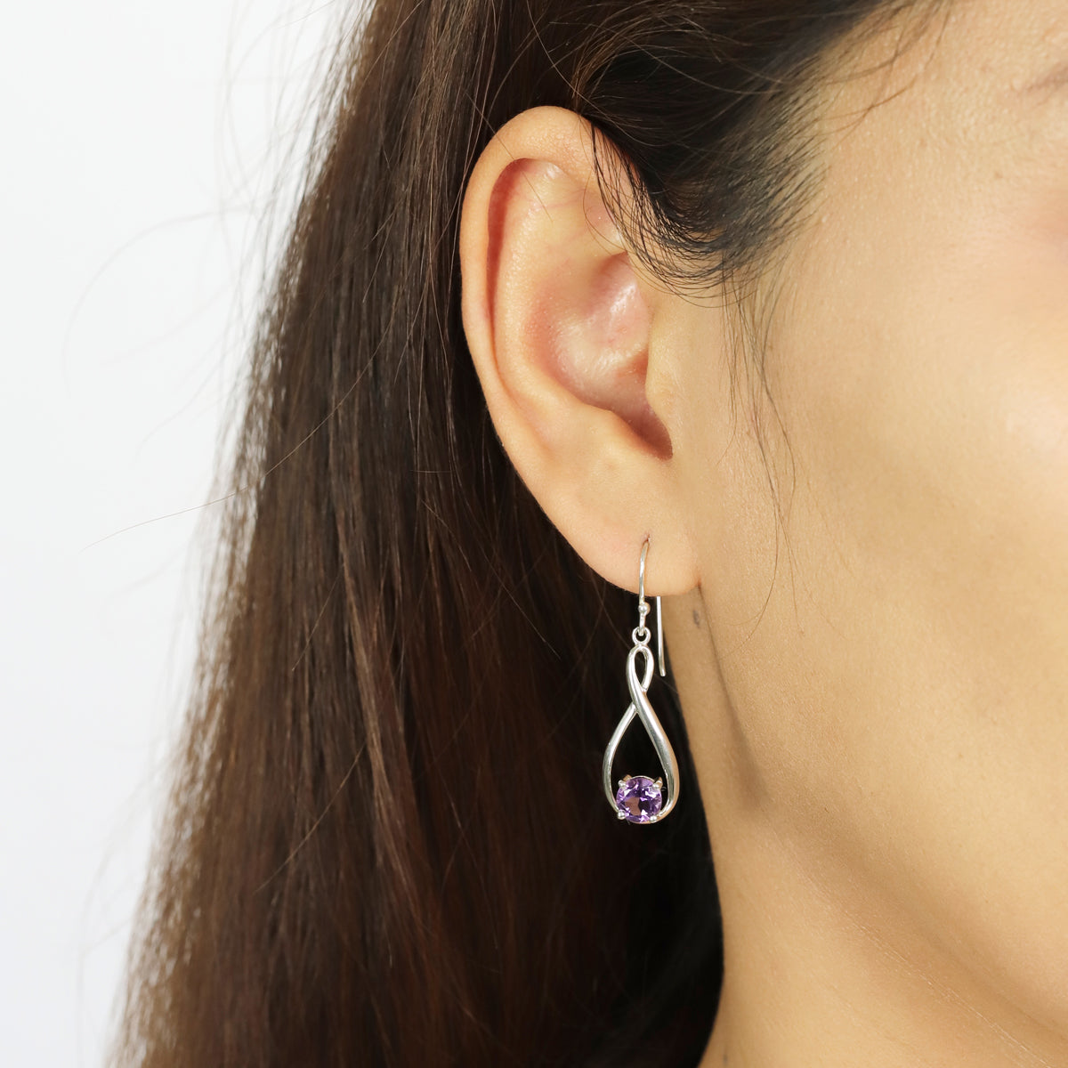 Sterling Silver Figure 8 Round Amethyst Dangle Earrings