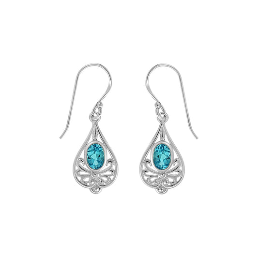 Sterling Silver Oval Blue Topaz Dangle Earrings