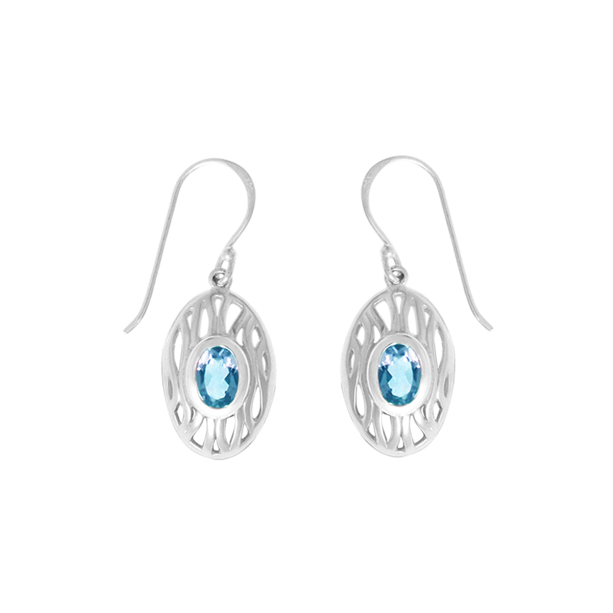Sterling Silver Webbed Oval Blue Topaz Dangle Earrings