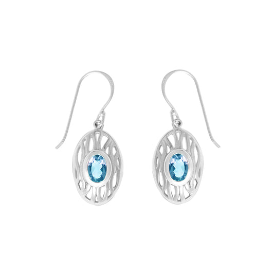 Sterling Silver Webbed Oval Blue Topaz Dangle Earrings