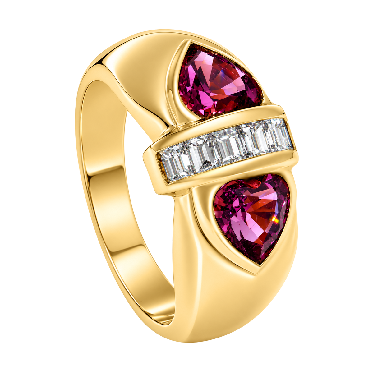 14K Yellow Gold Double Pink Tourmaline Heart Ring