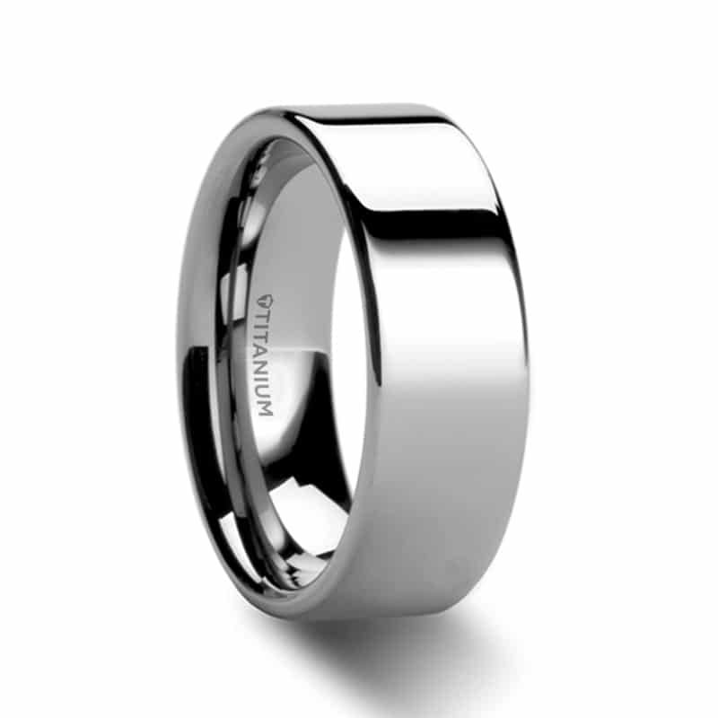 Hardy Polished Finish Flat Style Men’s Titanium Wedding Ring 8mm by Thorsten