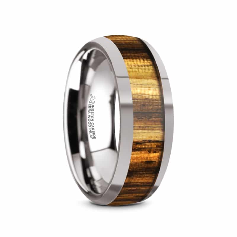 Tigre Tungsten Carbide Polished Finish Men’s Domed Wedding Band with Zebra Wood Inlay 8mm by Thorsten