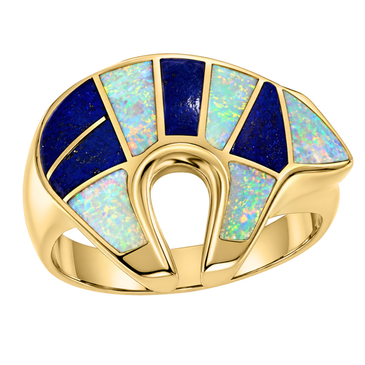 14K Yellow Gold Opal & Lapis Fetish Bear Ring