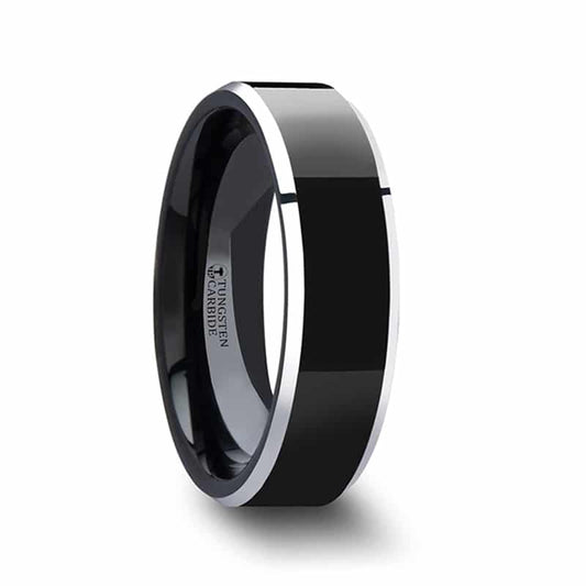 Maclaren Black Polish Finished Center Tungsten Carbide Ring with Metallic Beveled Edges 6mm by Thorsten