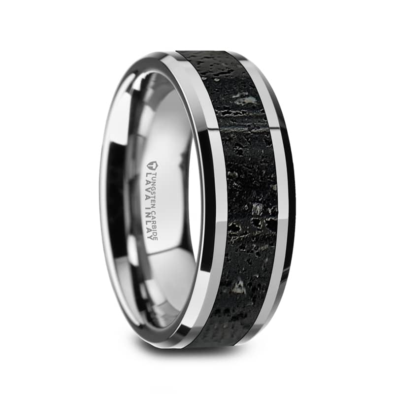 Kilauea Men’s Polished Tungsten Wedding Band with Black & Gray Lava Rock Stone Inlay & Polished Beveled Edges 8mm by Thorsten