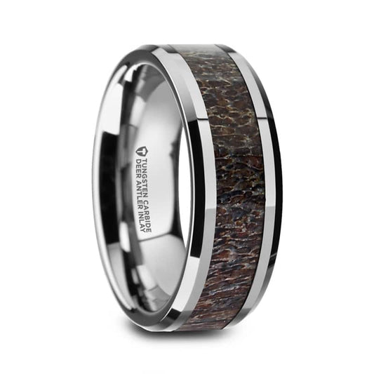 Fawn Beveled Tungsten Carbide Polished Men's Wedding Band with Dark Antler Inlay 8mm by Thorsten