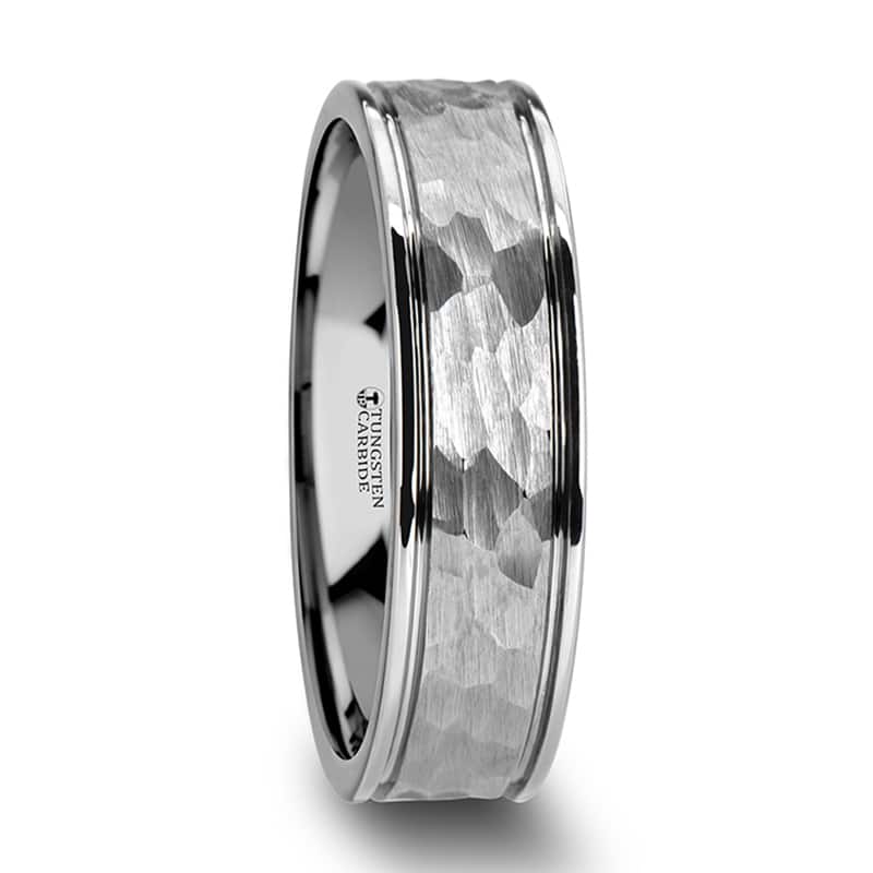 Thornton Hammered Finish Center White Tungsten Carbide Wedding Band with Dual Offset Grooves and Polished Edges 6mm by Thorsten