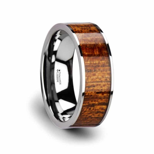 Bolo Flat Tungsten Carbide Band with Exotic Mahogany Hard Wood Inlay and Polished Edges 8mm by Thorsten