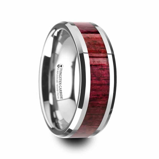 Mauve Purpleheart Wood Inlaid Tungsten Carbide Ring with Bevels 8mm by Thorsten