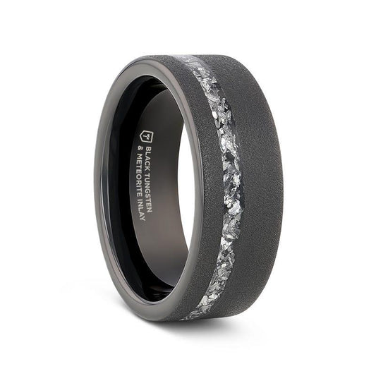 ABYSS Sandblasted Black Tungsten Ring with Meteorite Fragments Inlay