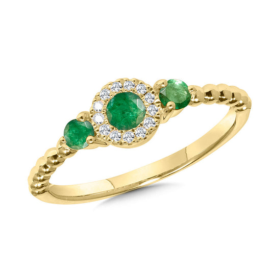 14K Yellow Gold 3 Stone Emerald and Diamond Halo Ring