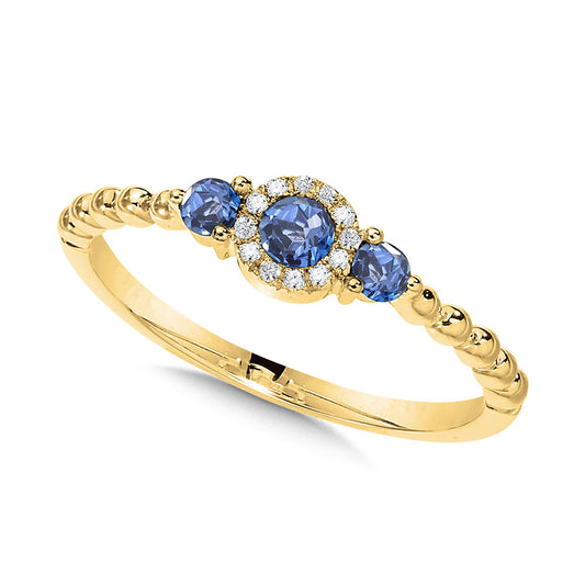 14K Yellow Gold Beaded 3-Stone Halo Diamond & Sapphire Ring