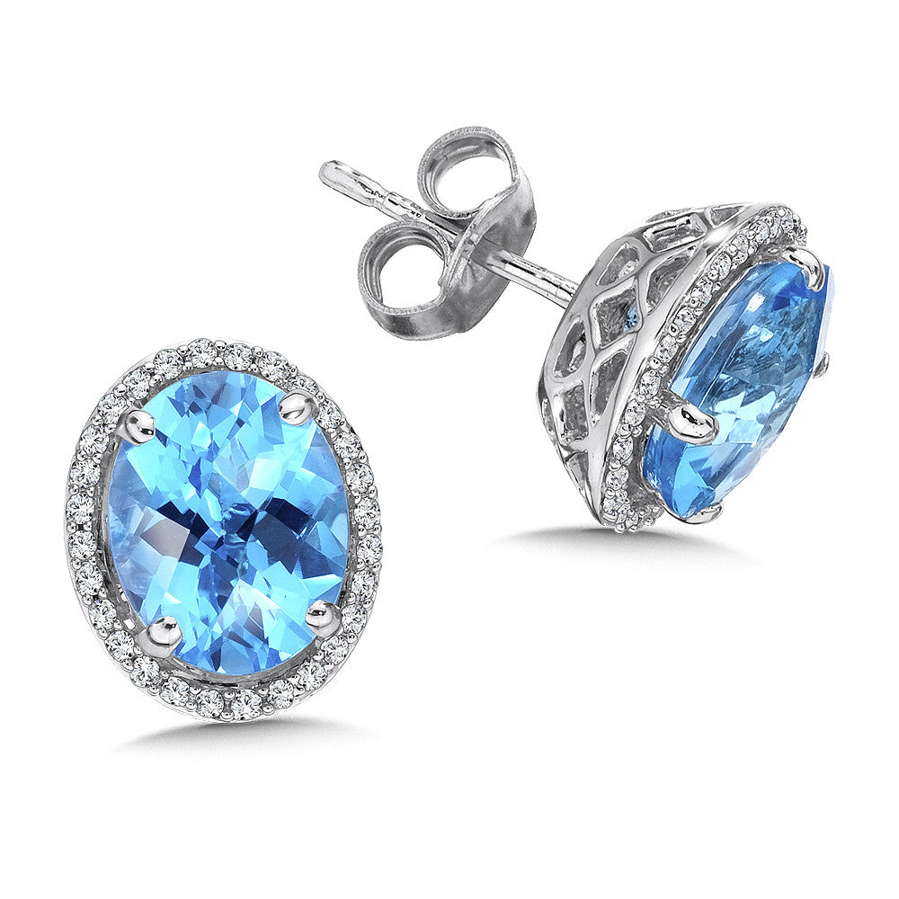 14k White Gold Blue Topaz Halo Diamond Post Earrings