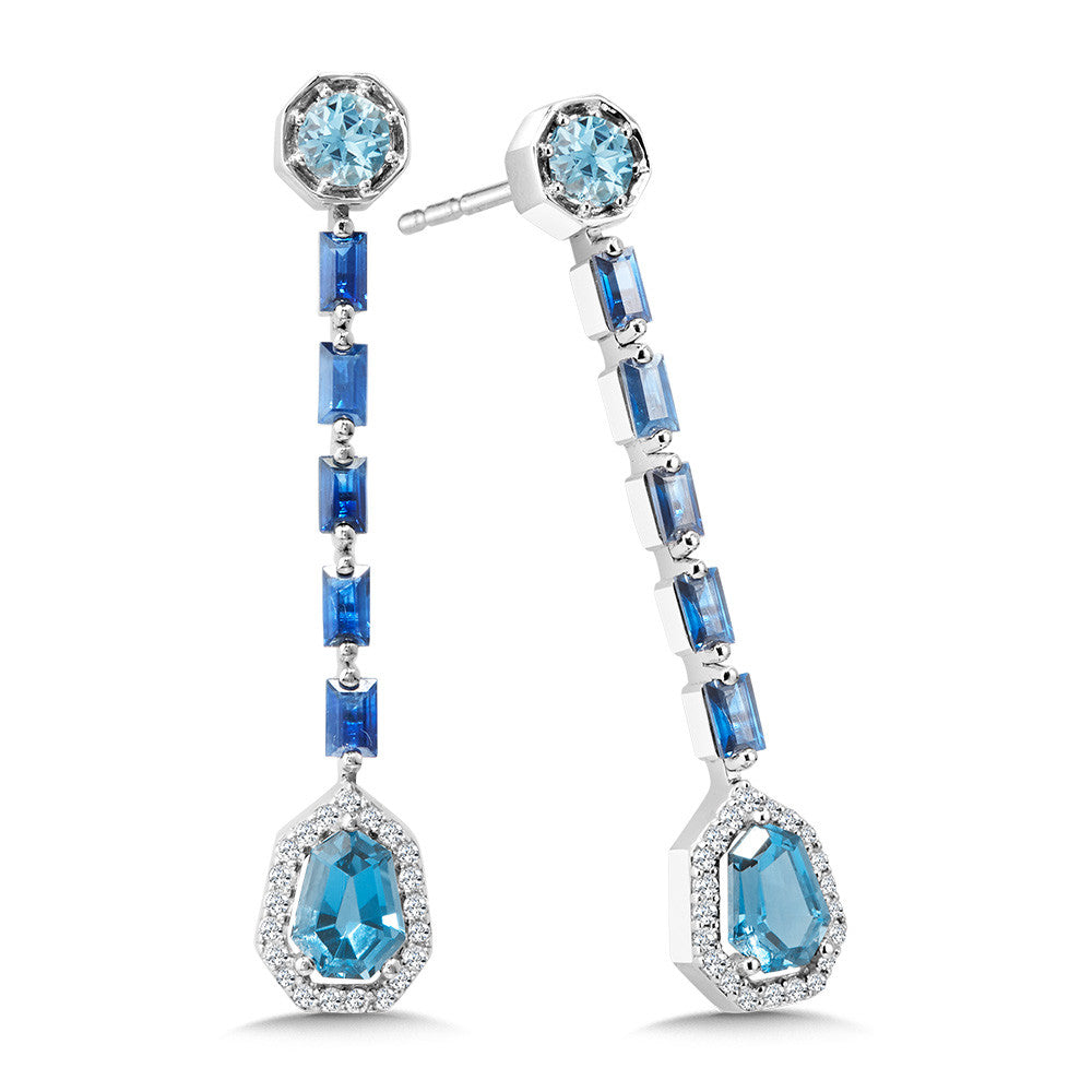 14K White Gold Tapered Heptagon-Cut Blue Topaz & Baguette-Cut Blue Sapphire Diamond Dangling Drop Earrings