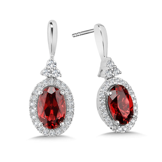 14K White Gold Oval Cut Garnet and Diamond Earrings