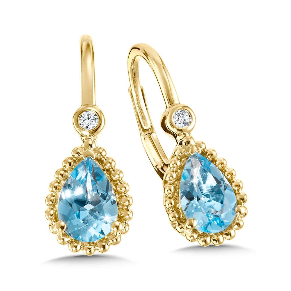 14K Yellow Gold Milgrain-Beaded Pear-Cut Swiss Blue Topaz & Diamond Earrings