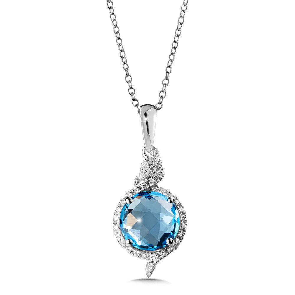 14K White Gold Blue Topaz and Diamond Pendant