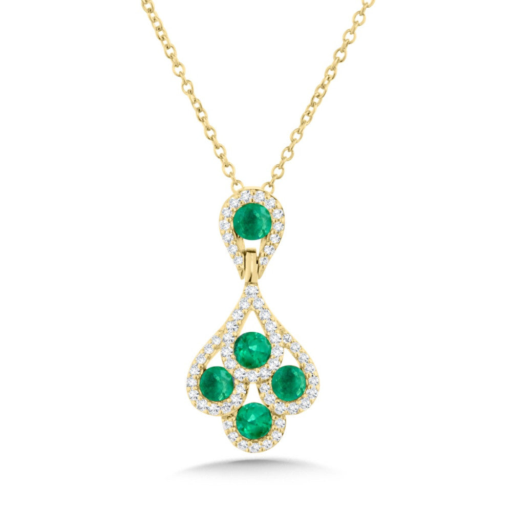 14K Yellow Gold 4 Emerald & Surrounding Diamonds Drop Pendant