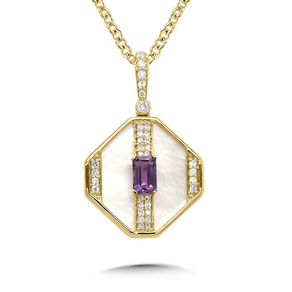 14K Emerald-Cut Amethyst in the Center of an Octagon Mother of Pearl with Diamonds