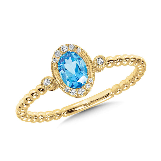 14K Yellow Gold Oval Swiss Blue Topaz Graduating Diamond Halo Ring