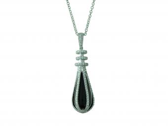 18K White Gold Victorian Onyx Drop Pendant with Diamonds