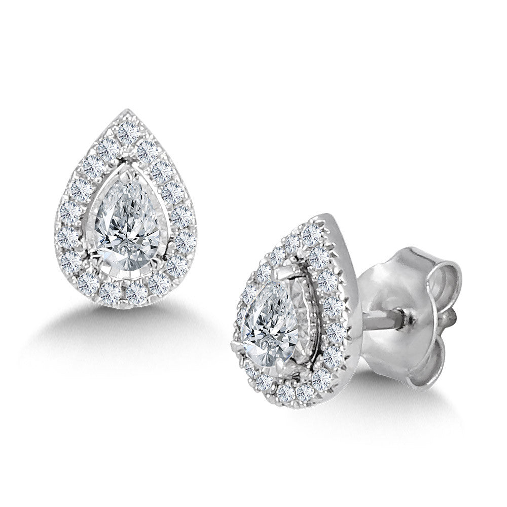 14 K White Gold Pear-Cut Diamond Halo Stud Earrings