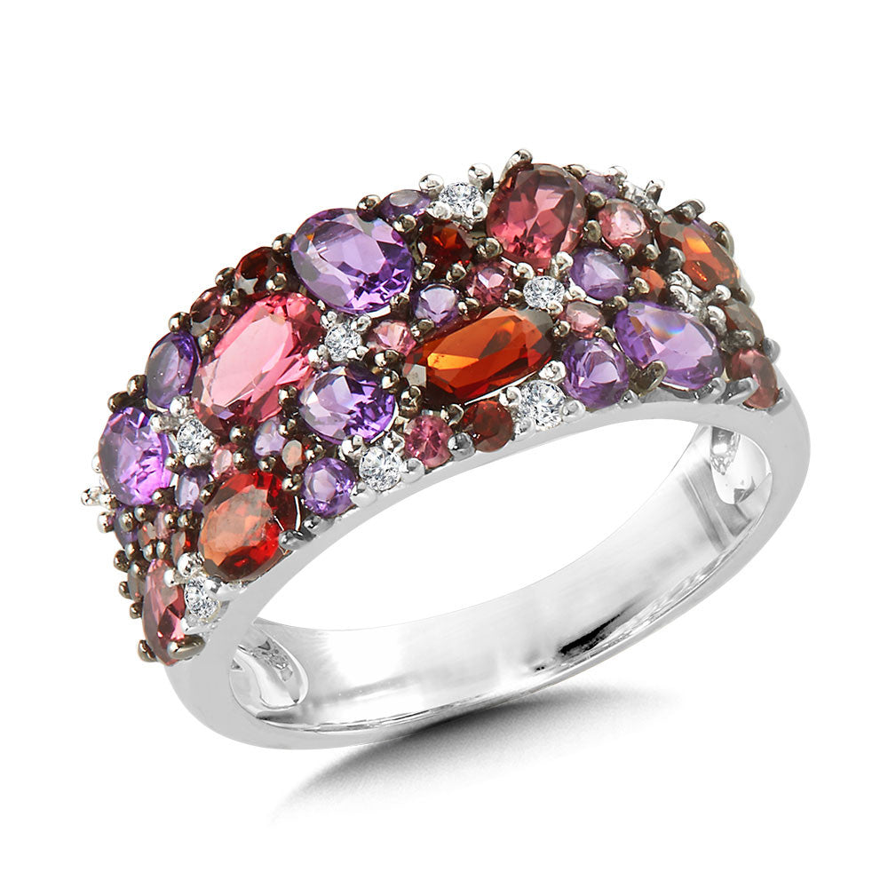 14K White Gold Pink Tourmaline, Amethyst, Garnet and Diamond Ring