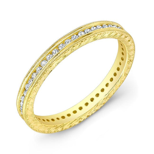 18K Yellow Gold Engraved Channel Set Diamond Ring by Jolie Designs