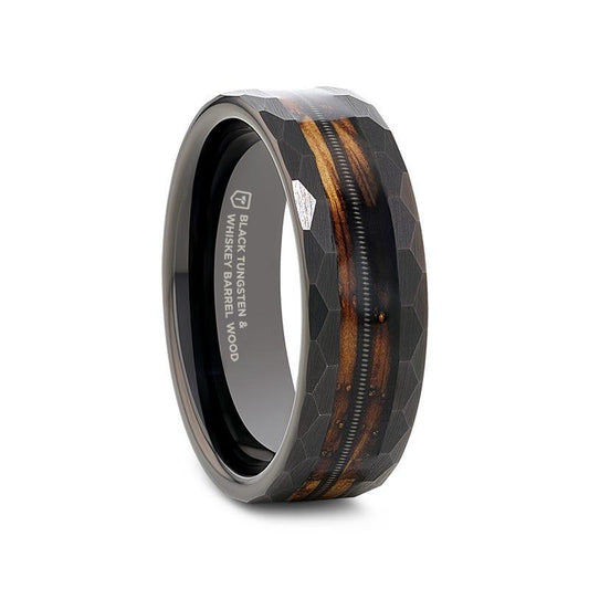 RIFF Black Tungsten Ring with Charred Whiskey Barrel and Guitar String