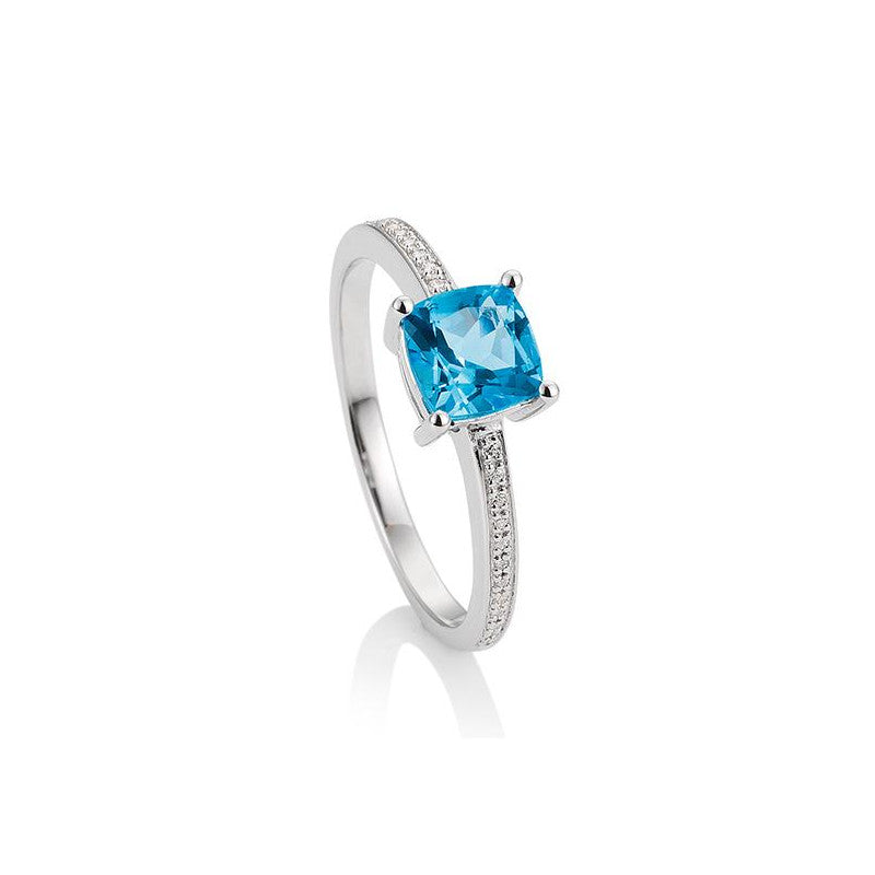 14K White Gold Cushion Cut Blue Topaz and Diamond Ring